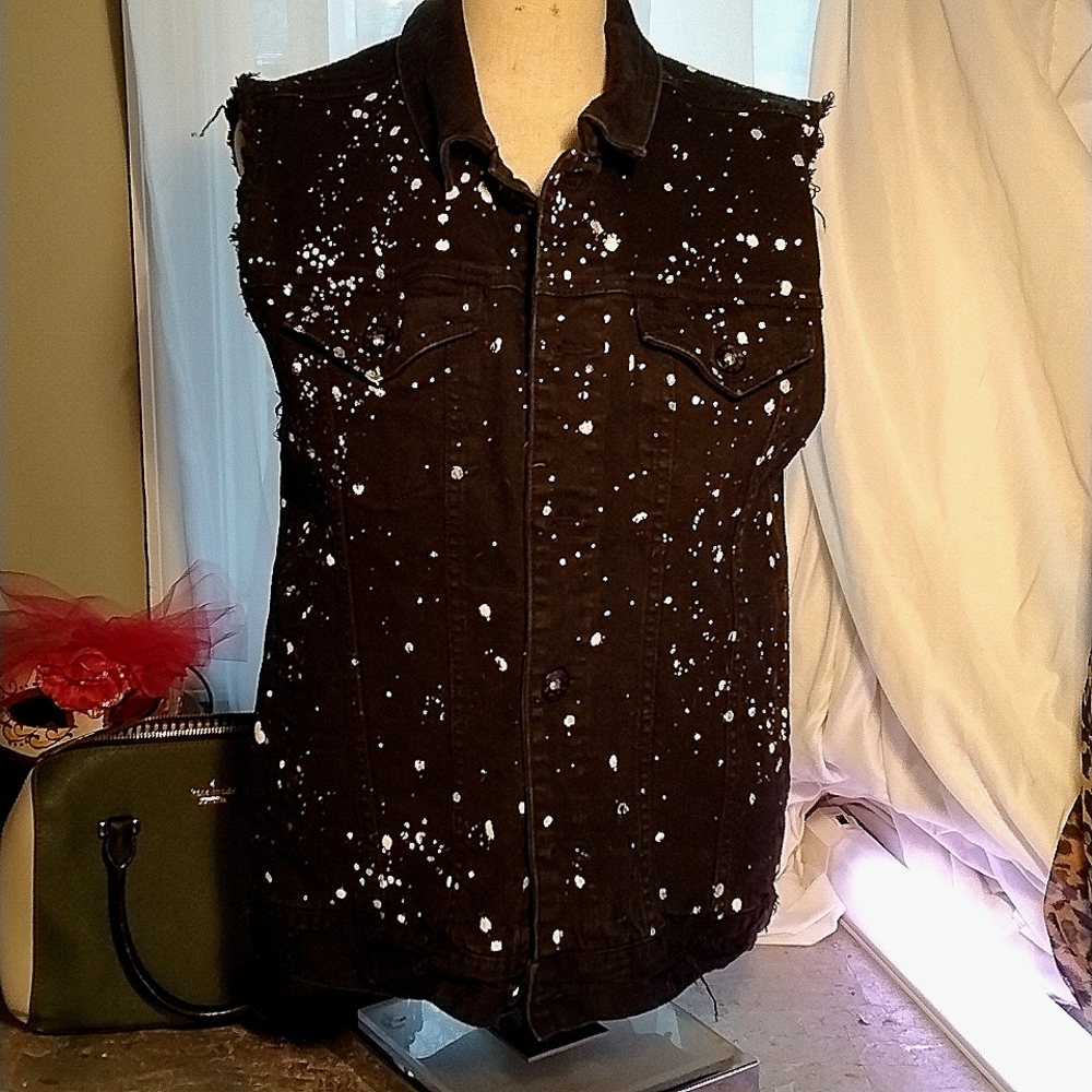 RUDE Brand XS Paint Splattered Black Denim Vest with Fringed Sleeves